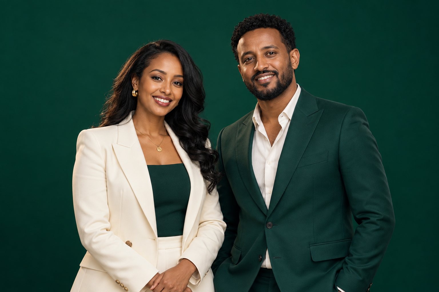 Fictional Ethiopian campaign models in a studio photograph for Mesob Equb